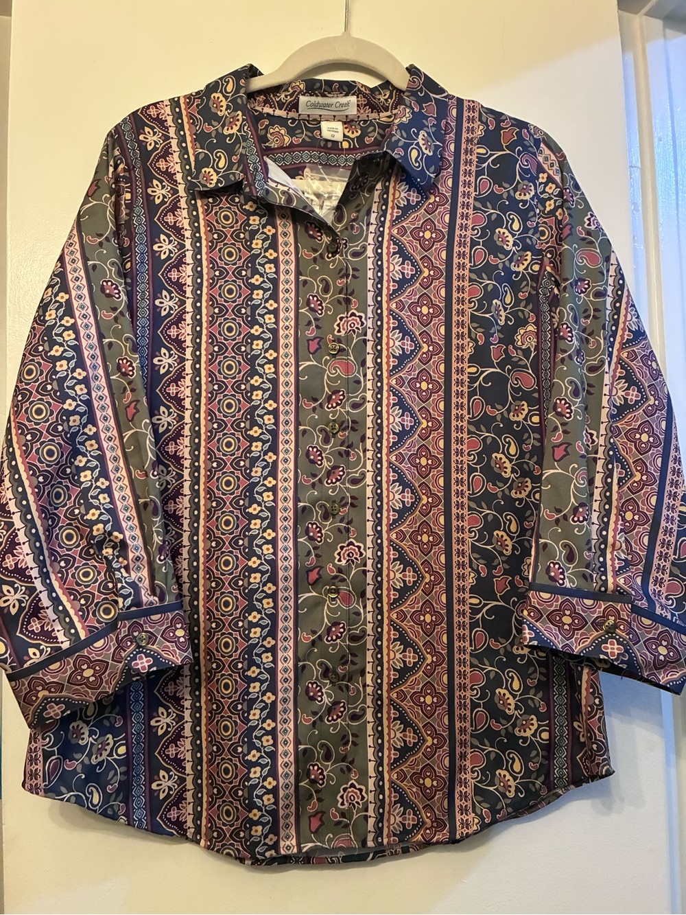 Classy refined boho button down paisley pattern moss green buttons sz 12 cotton